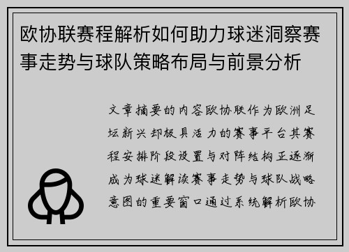 欧协联赛程解析如何助力球迷洞察赛事走势与球队策略布局与前景分析